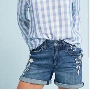 Anthropologie Pilcro Slim Boyfriend Shorts 25 Blue Denim Floral Embroidery